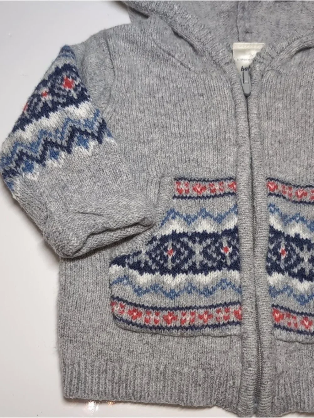 Baby Bgosh Gray Fair Isle Knit Hooded Cardigan Sweater Boys Size 0-3M Unisex
